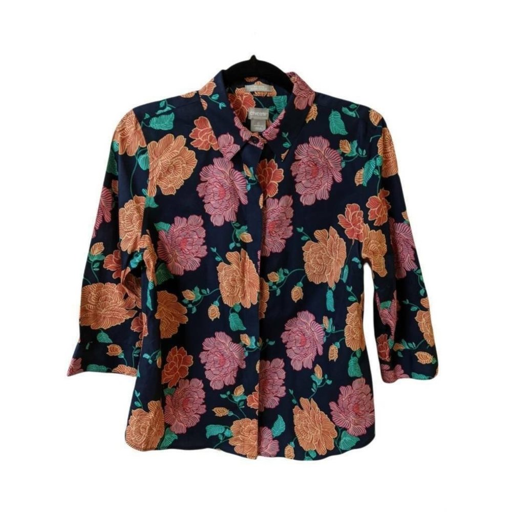 Chicos Womens Button Front Blouse Multicolor Floral 3/4 Sleeve No Iron Size 0 (4